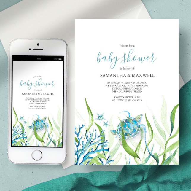 Inbjudan till Sea Turtle Blue and Grönt Baby Showe (Baby shower invitation under the sea turtle watercolor art Victoria Grigaliunas of Do Tell A Belle)