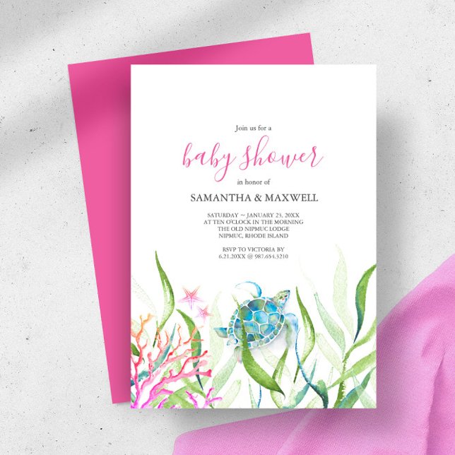 Inbjudan till Sea Turtle Rosa and Grönt Baby Showe (girl baby shower invitations watercolor sea turtle starfish coral and sea botanicals )