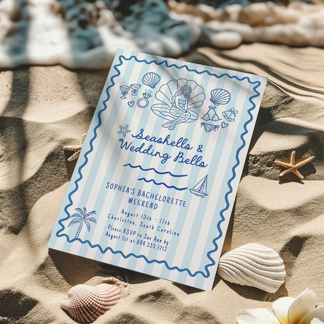 Inbjudan till Seashells Bröllop Klockor Bacheloret (Seashells & Wedding Bells Bachelorette Weekend Invitation )