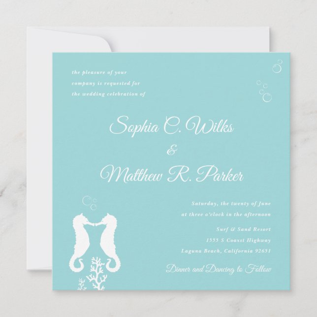 Inbjudan till seaside Seahorse Wedding | Aqua (Framsida)