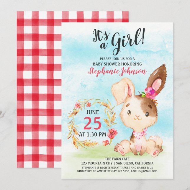Inbjudan till serverfärgsflicka Bunny Baby Shower- (Fram/baksida)