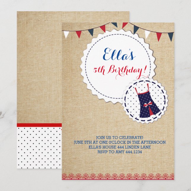 Inbjudan till shabby chic Burlap Navy Red Birthday (Fram/baksida)