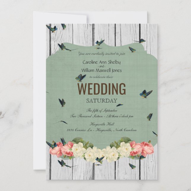 Inbjudan till Shabby chic Butterfly Wood Wedding (Framsida)