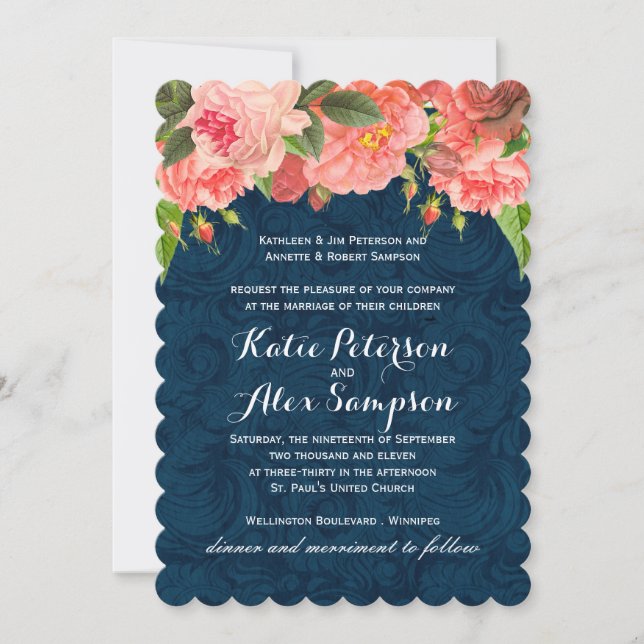 Inbjudan till Shabby chic Coral och Navy Blue Wedd (Framsida)