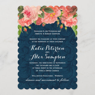 Inbjudan till Shabby chic Coral och Navy Blue Wedd
