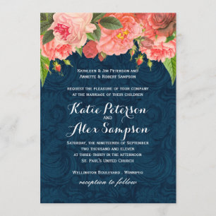 Inbjudan till Shabby chic Coral och Navy Blue Wedd