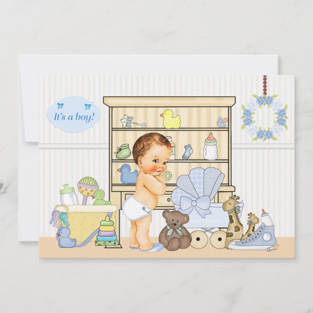 Inbjudan till Shabby chic Pojke Blue Baby Shower (Framsida)