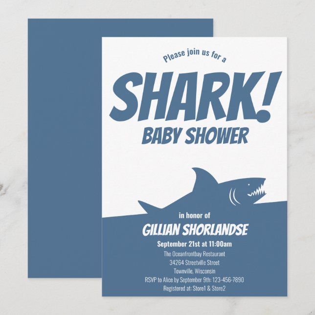 Inbjudan till Shark Blue Baby Shower (Fram/baksida)