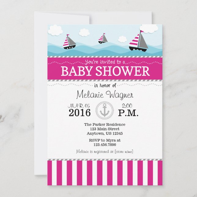 Inbjudan till shock rosa Blue Nautical Baby Shower (Framsida)