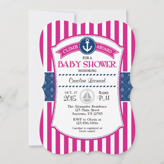 Inbjudan till shock rosa Blue Nautical Baby Shower (Framsida)