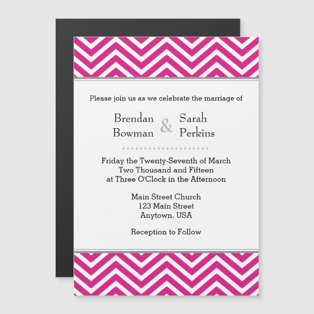 Inbjudan till shock rosa Chevron Magnetic Wedding Magnetisk Inbjudningskort (Fram/baksida)