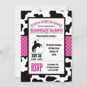 Inbjudan till shock rosa Cowhide Cowboy Birthday B