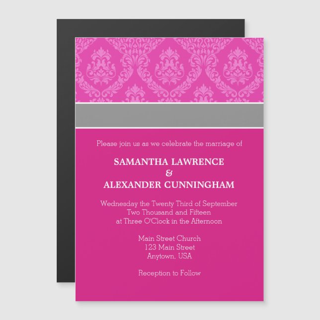 Inbjudan till shock rosa Damask Magnetic Wedding Magnetisk Inbjudningskort (Fram/baksida)