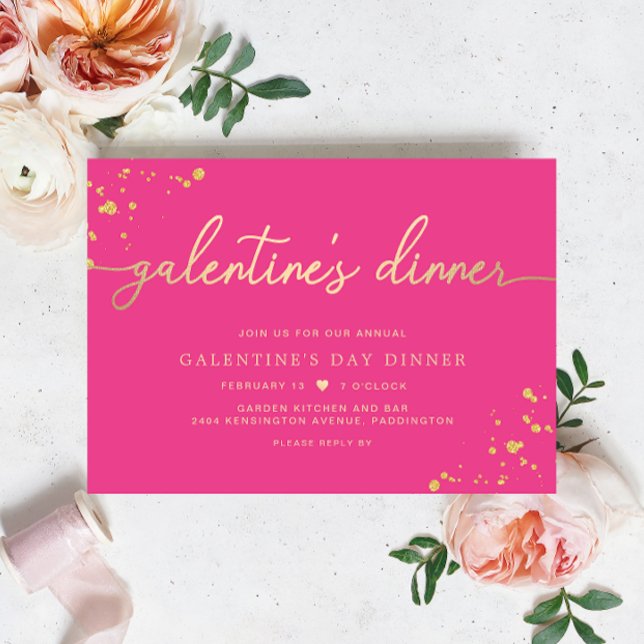 Inbjudan till Shock rosa Galentine-dagen på middag (Galentines Dinner Invitation Hot Pink Paintly Gold )