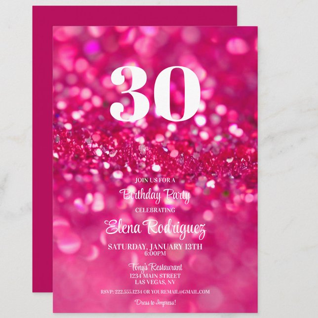 Inbjudan till Shock rosa Glam 30års födelsedag (Hot Pink Glitter 30th Birthday Party Invitation, Girly, Feminine, 30)
