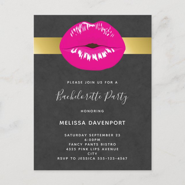 Inbjudan till shock rosa Läppar Glamous Bacheloret (Framsida)