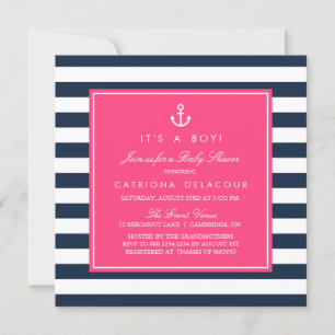 Inbjudan till shock rosa & marin navy Nautical Bab
