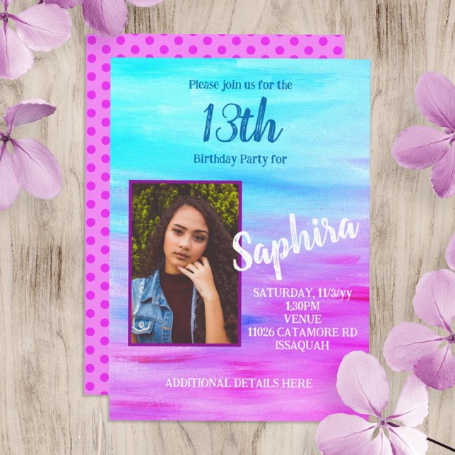 Inbjudan till Shock rosa på födelsedagen för Brigh (hot pink magenta, turquoise young woman, teen birthday party invite, 13th birthday, photo card)