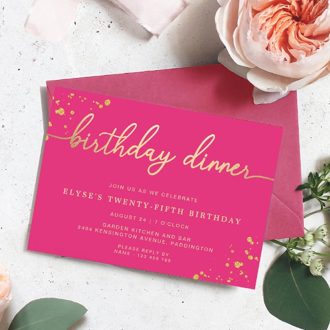 Inbjudan till shock rosa på födelsedagsmorgonen (Birthday Dinner Invitation Paintly Hot Pink Gold )