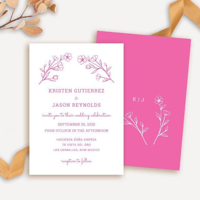 Inbjudan till shock rosa Wildblombröllop (Wildflower Wedding Invitation in Hot Pink)