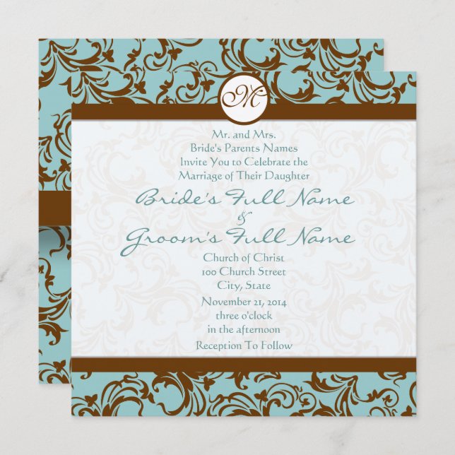 Inbjudan till silver Brown Damask Aqua Blue Weddin (Fram/baksida)