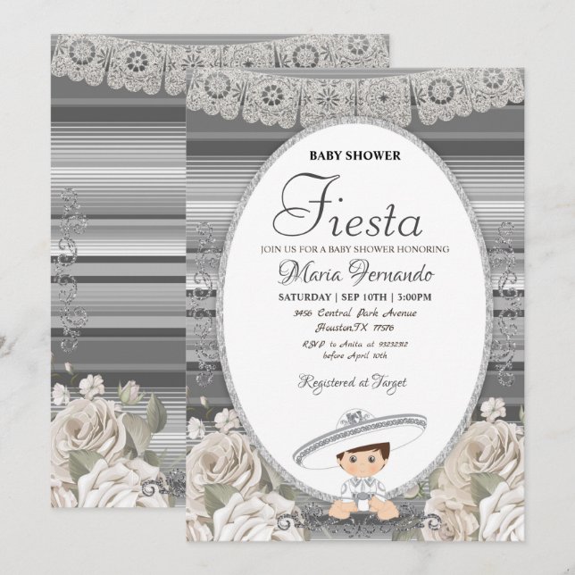 Inbjudan till silver Charro Baby Shower Fiesta (Fram/baksida)