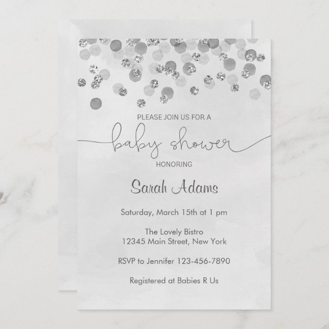 Inbjudan till silver Confetti Baby Shower (Fram/baksida)