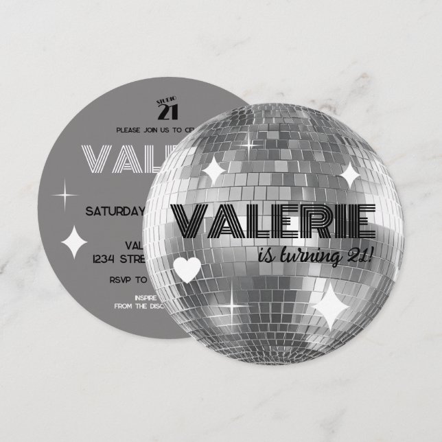 Inbjudan till Silver Disco Boll Grattis på födelse (Fram/baksida)