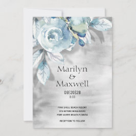 Inbjudan till Silver Dusty Blue Peony Shadow Weddi