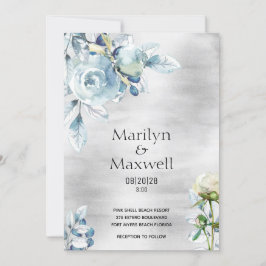 Inbjudan till Silver Dusty Blue Peony Wedding