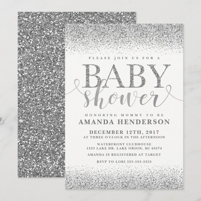 Inbjudan till silver Faux Glitter Baby Shower (Fram/baksida)
