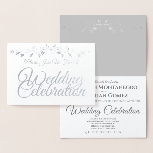 Inbjudan till Silver Foil på White Elegant bröllop Folierat Kort (Display)