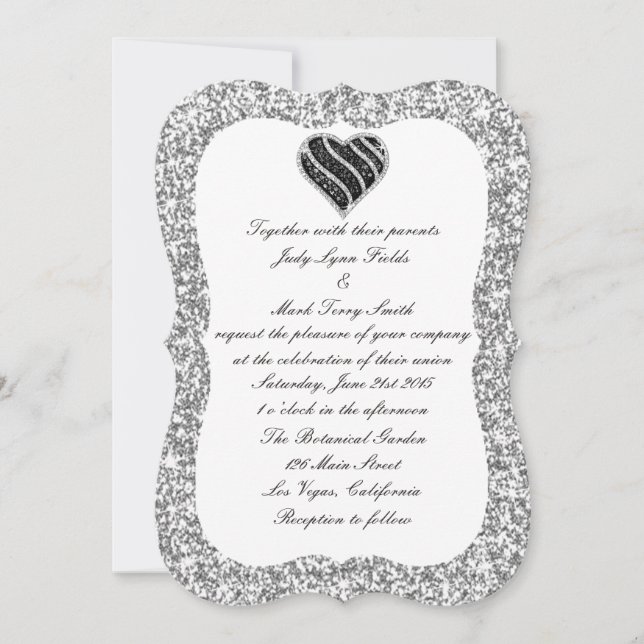 Inbjudan till Silver Glitter Black Heart Wedding (Framsida)