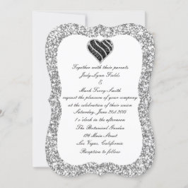 Inbjudan till Silver Glitter Black Heart Wedding