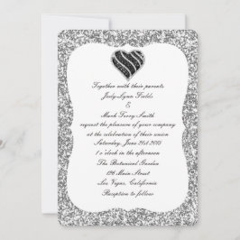 Inbjudan till Silver Glitter Black Heart Wedding