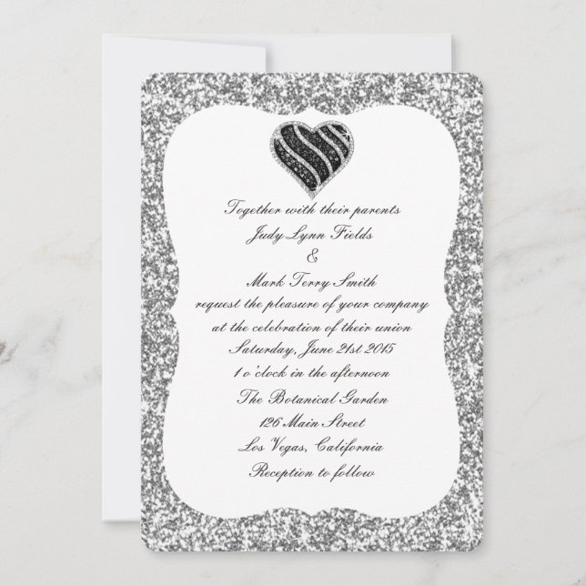 Inbjudan till Silver Glitter Black Heart Wedding (Framsida)