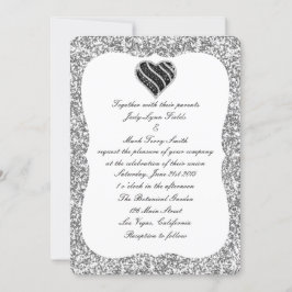 Inbjudan till Silver Glitter Black Heart Wedding