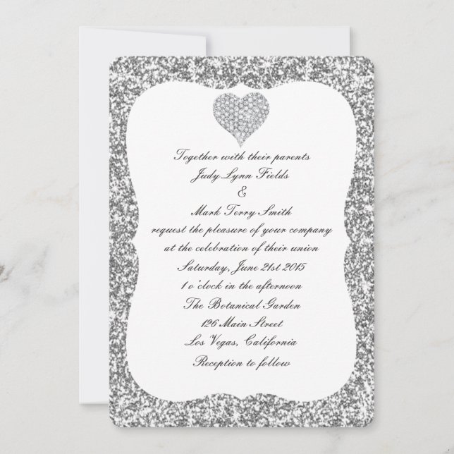Inbjudan till silver Glitter Diamond Heart Wedding (Framsida)