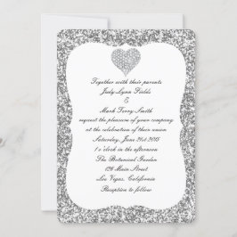 Inbjudan till silver Glitter Diamond Heart Wedding