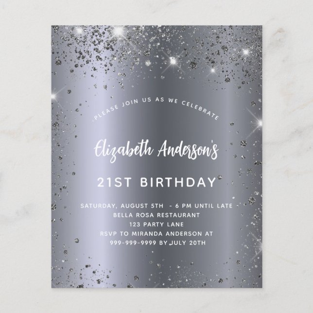 Inbjudan till silver glitter-glam på födelsedagen (Framsida)