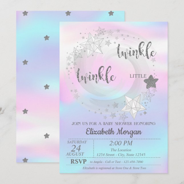 Inbjudan till Silver HolograpBaby Shower med dubbl (Fram/baksida)