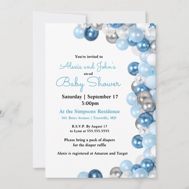 Inbjudan till silver och Blue Balloon Baby Shower (Framsida)