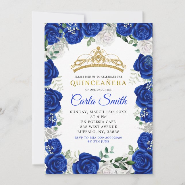 Inbjudan till silver och Royal Blue Ro Quinceañera (Framsida)
