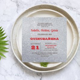 Inbjudan till silver och Ruby Red Sparkly Quinceañ