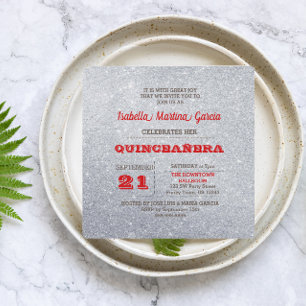 Inbjudan till silver och Ruby Red Sparkly Quinceañ