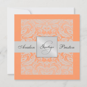Inbjudan till Silver & Peach Monogram Damask Gräns