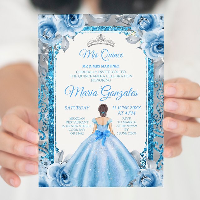 Inbjudan till silver Princess Blue Ro Quinceanera (Skapare uppladdad)