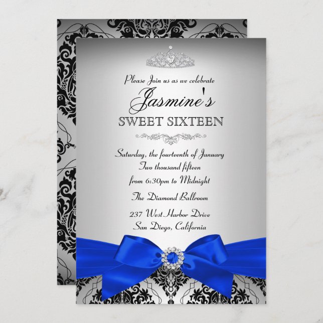 Inbjudan till Silver & Royal Blue Damask Sweet 16 (Fram/baksida)