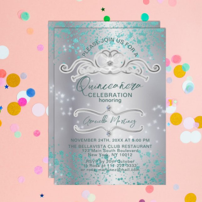 Inbjudan till Silver Teal Jeweled Tiara Quinceañer (Skapare uppladdad)