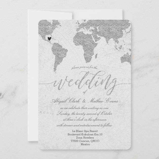 Inbjudan till Silver World Map Destination Wedding (Framsida)